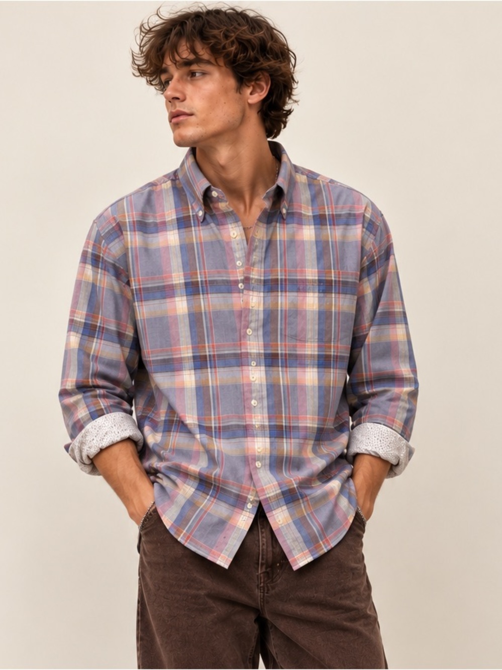 Egara Big & Tall 2XLT Non-Iron Plaid Button-Down Shirt Blue Pink Cotton Rustic